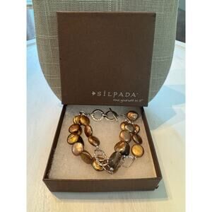 Retired Silpada Bronze Pearl Smokey Quartz 3 strand Sterling Silver Bracelet